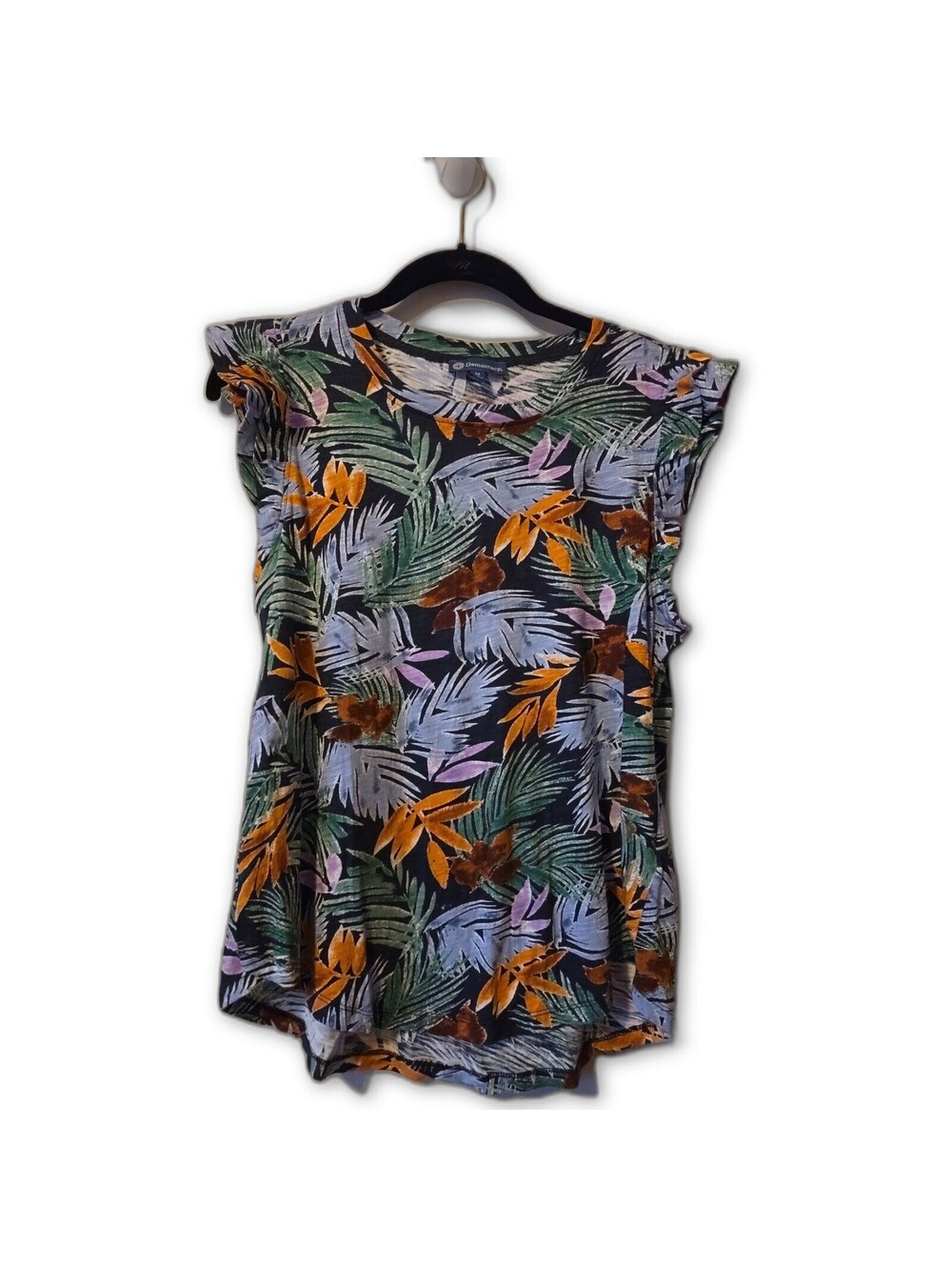 Democracy Womens Medium Leaf Print multi-color Round Neck Ruffle sleeve Top